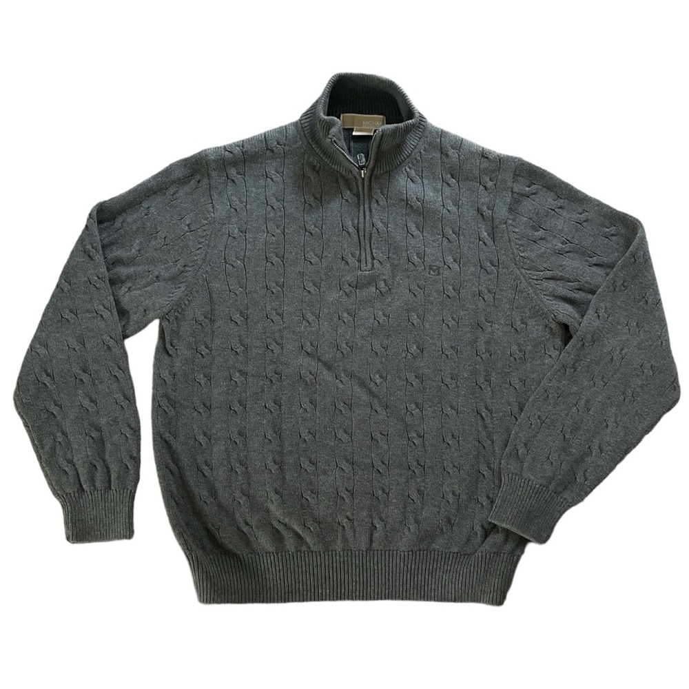 MICHAEL KORS men’s 100% cotton gray cable knit sweater 1/4 zipper long sleeve L
